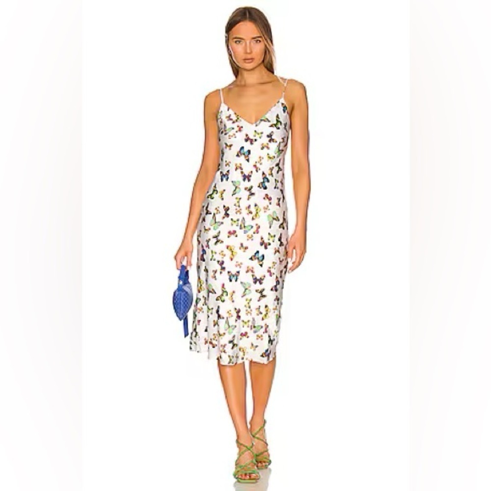 L’AGENCE Jodie V Neck Butterfly Slip Dress White Multi Flutter 6 Silk